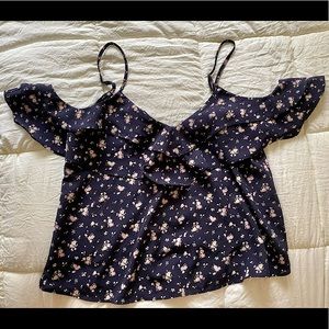 Navy Blue Lulu’s Ruffle Off-shoulder Blouse Size Medium